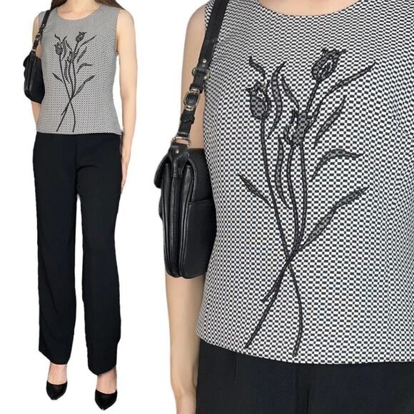 Stylish Vintage 90s Black Pants and Embroidered and Beads Flower Tank Top Set - Picture 1 of 12